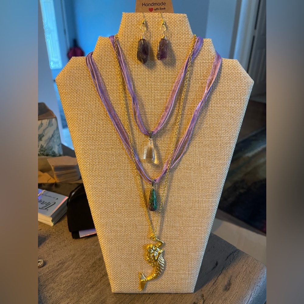 Trio of mermaid/sea inspired necklaces with amethyst earrings